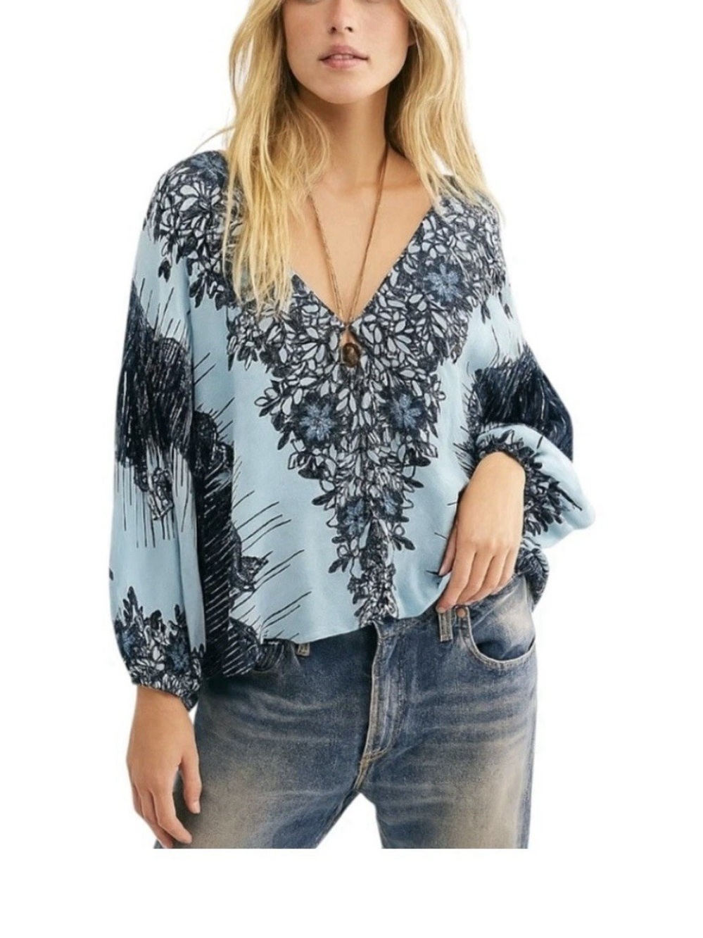 Free People Blue Floral V-Neck Long-Sleeve Women's Top NWT